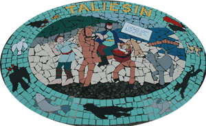 Mosaic by Pod Clare of the myth of the origin of Taliesin, in Borth, Ceredigion, Wales